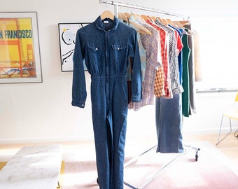 Vintage 1980s Dark Wash Chambray Denim Cinched Waist Jumpsuit // Fits Size XS Extra Small