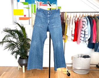 Vintage Seafarer Dungarees High Waisted Medium Wash Denim Sailor Bell Bottom Jeans // Measures 27 x 26.5