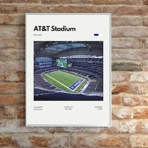 May include: A framed print featuring AT&T Stadium in Dallas. The image shows the stadium's interior, including the field and seating. Text at the top reads "AT&T Stadium, Dallas." Additional text includes coordinates, capacity of 80,000, and the year 2009.