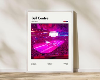 May include: Framed print of the Bell Centre in Montreal. The image shows a vibrant, overhead view of the arena with a pink and purple color scheme. Text at the top reads "Bell Centre, Montreal." Additional text includes coordinates, capacity, and the year opened.