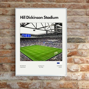 Puede incluir: Impresión enmarcada del estadio Hill Dickinson, con un campo de fútbol verde rodeado de asientos. El nombre del estadio se muestra en la parte superior, con detalles sobre la capacidad y el año de apertura. La impresión está montada en una pared de ladrillo.