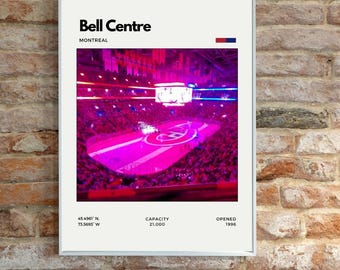 May include: A framed print of the Bell Centre in Montreal, with a vibrant pink and purple interior view of the arena. The print includes the venue's name, location, capacity, and opening year.