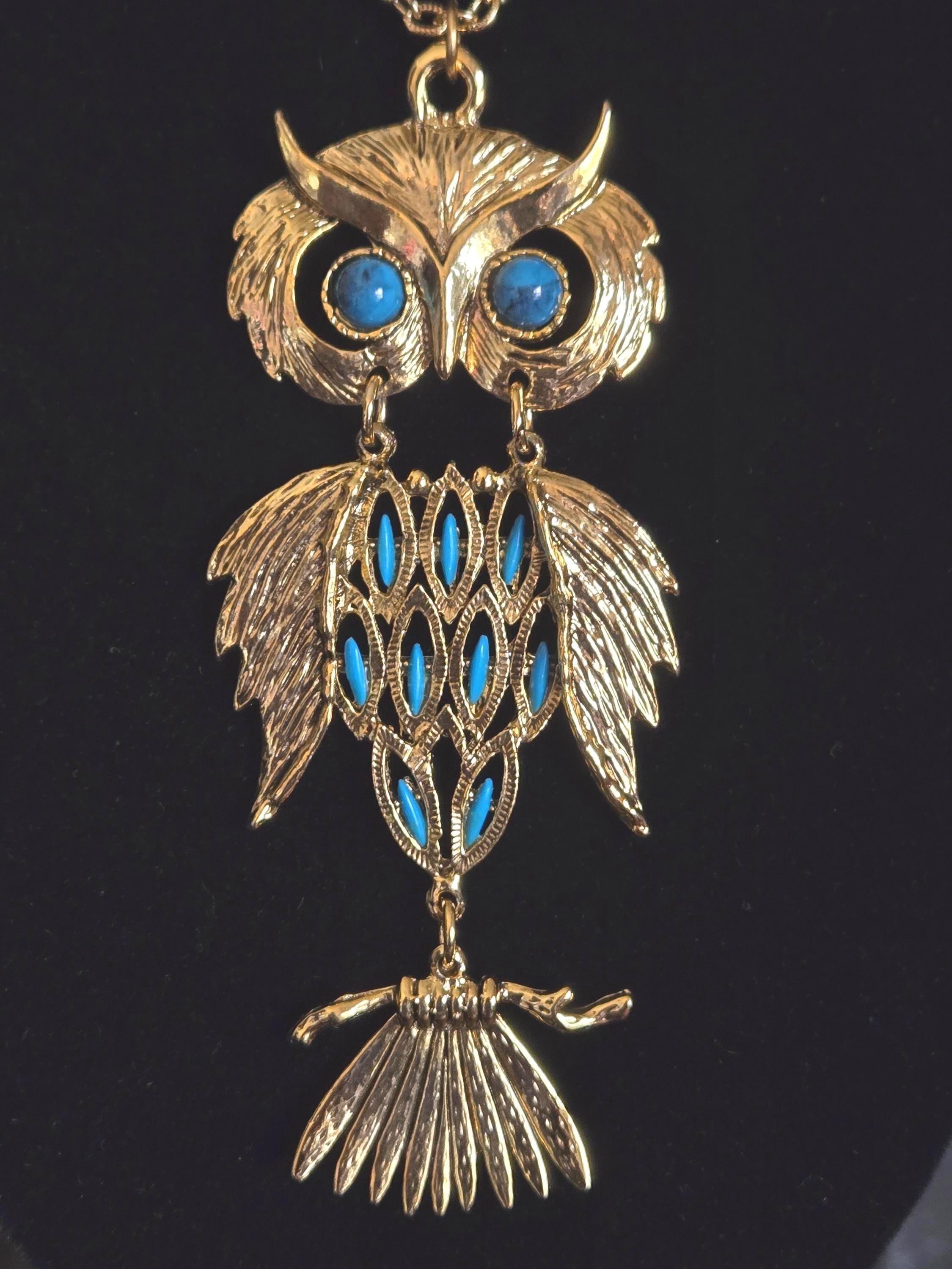 Articulated Owl Necklace. 4.5" pendant 28" Goldtone chain.