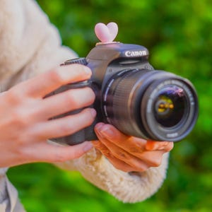 May include: A black Canon DSLR camera with a lens and a small pink heart-shaped accessory on top. The camera is held in the hands, with a blurred green background.