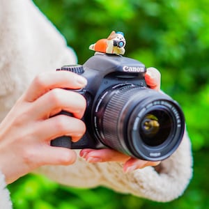 Może przedstawiać: Czarny aparat Canon DSLR z obiektywem, trzymany przez osobę. Mała figurka psa w kapeluszu i z aparatem znajduje się na górze aparatu. Tło jest rozmyte na zielono.