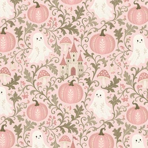 May include: A repeating pattern on a light pink background featuring white ghosts, soft pink pumpkins with white leaf details, beige castles with pink roofs, and small red and white spotted mushrooms, all connected by swirling olive green vines.