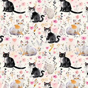 May include: A repeating pattern on a cream background featuring watercolour illustrations of black and white tuxedo cats, calico cats, and grey cats interspersed with small pink hearts, delicate floral sprigs, and scattered black ink dots.