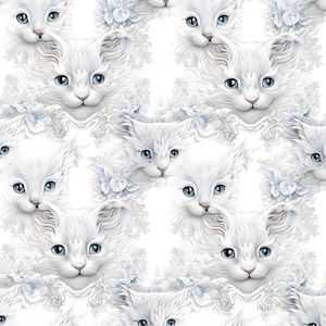 Peut inclure: Un motif répétitif représentant des chatons blancs au pelage duveteux et aux yeux bleu vif, entremêlés d'éléments botaniques floraux et de feuilles bleu clair sur un fond blanc, créant un design félin doux et détaillé.