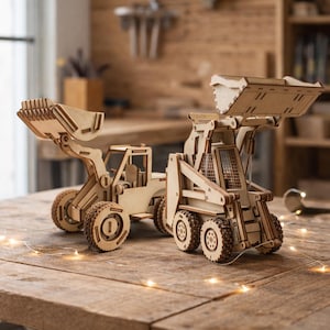 Pode incluir: Dois veículos de construção em madeira, uma carregadeira frontal e uma retroescavadeira, são exibidos em uma superfície de madeira. Os veículos são projetados de forma intrincada com detalhes visíveis, incluindo rodas, cabines e mecanismos de elevação. A cor natural da madeira lhes confere uma aparência rústica.