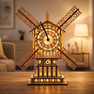 May include: A wooden windmill clock with a warm, glowing interior. The clock face features Roman numerals and is surrounded by decorative gears. The windmill blades extend outward, and the base has intricate cut-out designs. The clock is illuminated, creating a cozy ambiance.