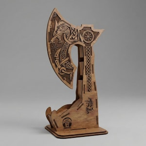 Soporte para auriculares y mando de madera con hacha vikinga cortada a láser (archivo digital)