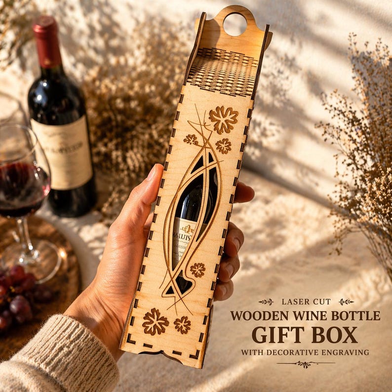 Laser Cut Wine Bottle Gift Box SVG | Wooden Engraved Box Files Bundle ...