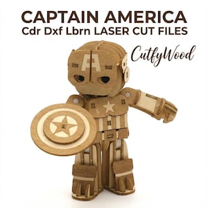 May include: A wooden Captain America figure with a shield, laser-cut from wood. The figure has movable joints and is holding a circular shield with a star design. The text "CAPTAIN AMERICA" and "CutfyWood" are visible.
