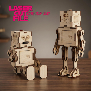 Könnte beinhalten: Zwei Holzroboterfiguren, eine sitzend und eine stehend, werden auf einer Holzoberfläche gezeigt. Die Roboter sind aus lasergeschnittenem Holz gefertigt und weisen kastenförmige Köpfe und Körper mit komplizierten mechanischen Details auf. Der Text "LASER CUT FILE" ist enthalten.