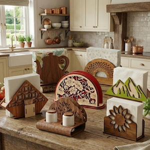 May include: A collection of wooden napkin holders and a salt and pepper shaker set on a rustic wooden table. The napkin holders feature various designs, including a teapot, mountains, a sunflower, and floral patterns. The kitchen setting includes copper pots and white cabinets.