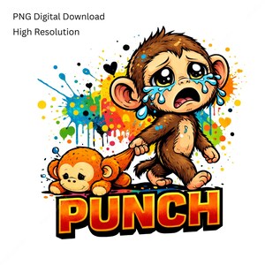 Puede incluir: Ilustración digital de un mono de dibujos animados llorando tirando de la cola de un mono más pequeño. La palabra "PUNCH" está en letras naranjas en negrita en la parte inferior. Salpicaduras de pintura coloridas y corazones en el fondo. El texto en la parte superior dice "PNG Digital Download High Resolution".