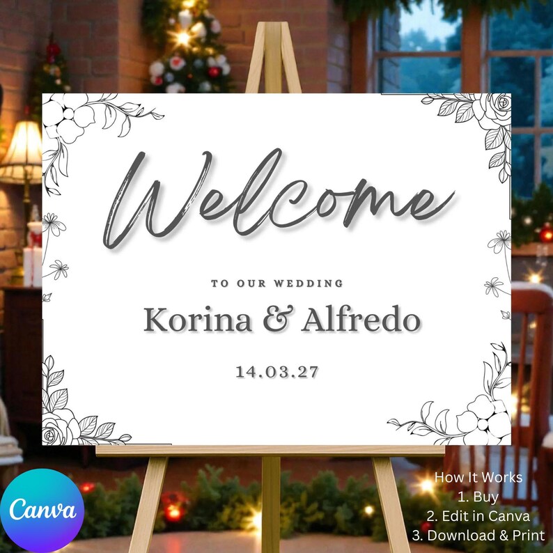 Floral Wedding Welcome Sign, Elegant Canva Template (digital Download ...