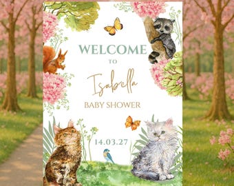 Woodland Baby Shower Welcome Sign, Editable Canva Template, Forest Animals Baby Shower Decor, Girl Baby Shower Sign, Digital Download