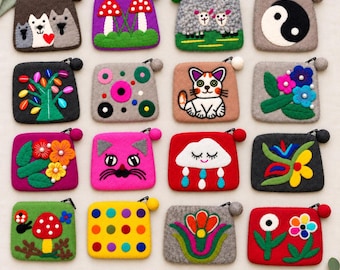 Needle Felted Coin Purse, Handmade Pouch with Sheep, Cat, Mushroom, Flower or Cloud Design, Natural Wool Zip Wallet