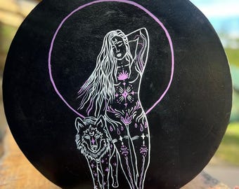 38 cm Handmade Shamanic Drum – Hand-Painted, Wolf Muse