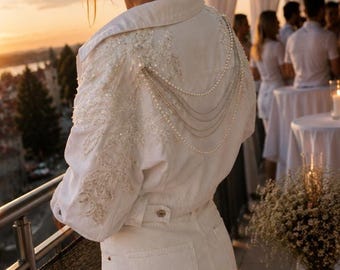 Luxury Bridal Embroidered Denim Jacket for White Party | Bride Jacket | Bachelorette Outfit