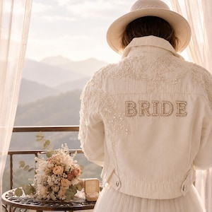 Pearl Bridal Jacket | Luxury White Denim Jacket for Bride | Wedding Reception Outfit | Bridal Shower Gift