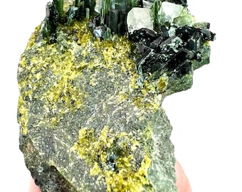 Natural Diopside With Magnetite, Calcite Crystal Cluster And Clinochlore On Matrix Afghanistan Mineral