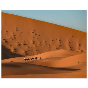 May include: A caravan of three camels with riders and one person walking across a vast, orange-colored sand dune landscape under a clear blue sky. The scene features rolling desert terrain with sparse green vegetation scattered across the slopes.
