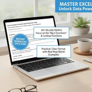 Puede incluir: Un portátil que muestra una guía de Excel titulada "Excel Formula & Function Quick-Refereme Guide". La pantalla destaca las "Big 5 Functions" y las "Lookup Functions". También se ven una taza de café, un bolígrafo y una planta suculenta.