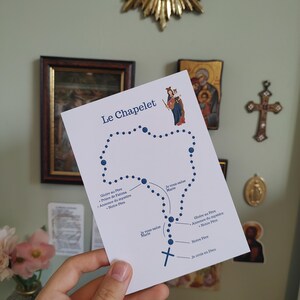 Puede incluir: Una tarjeta rectangular blanca titulada Le Chapelet que presenta una ilustración gráfica azul de un rosario con cuentas dispuestas en bucle. La tarjeta incluye pequeñas etiquetas de texto en francés que señalan secciones del rosario.