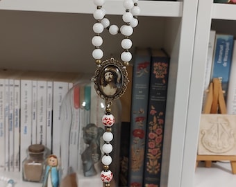 Large handmade white, burgundy, and bronze rosary • unique handmade Ecce Homo centerpiece • vintage/antique style rosary