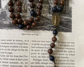 Chapelet en bois marron, noir et bronze fait main | Chapelet médaille miraculeuse | Cadeau pour catholique