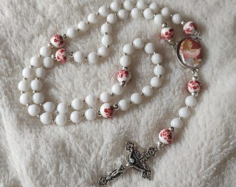 Large handmade white and burgundy rosary • unique, handmade centerpiece depicting the Last Supper • white agate and ceramic