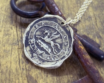 Wax Seal Silver Intaglio Jewelry, Victorian Motto Ancient Art Pegasus Mythology Pendant, Coin Jewelry