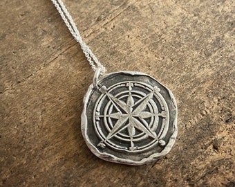 Wax Seal Compass Rose Necklace, Custom Travel Necklace Bridesmaid Gift, Engraved Personalized Journey Jewelry Christmas Gift