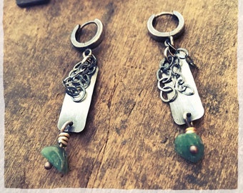 Raw Emerald Earrings, Silver Hoop Dangle Earrings, Genuine Emerald Raw Crystal Earrings, May Birthstone Rough Emerald Boho Jewelry Silver