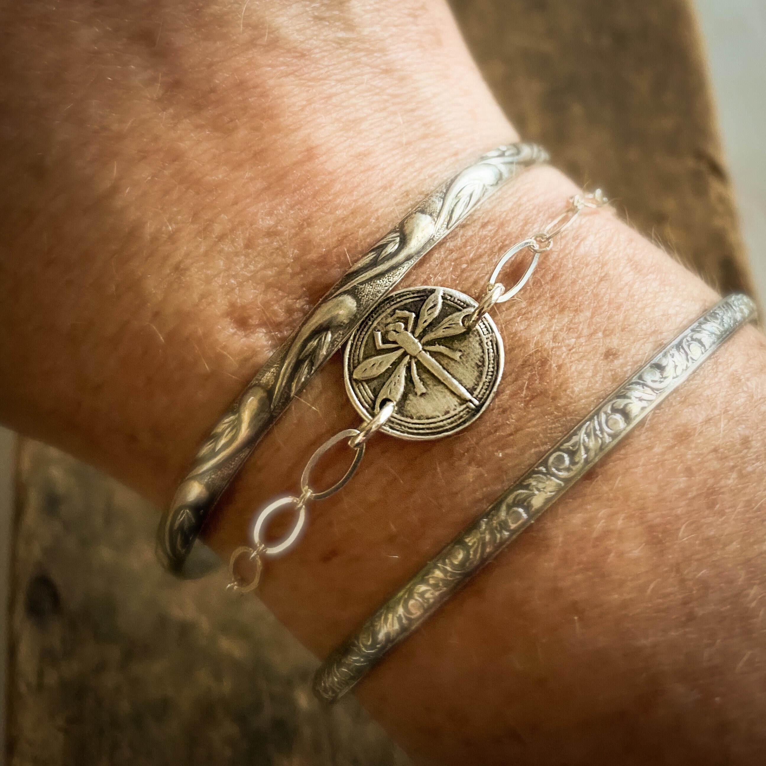 Dragonfly Silver Bracelet, Customized Jewelry with Handmade Charm Gift for Women