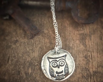 Silver Owl Necklace, Handmade Whimsical Bird Pendant, Artwork Jewelry, Rustic Silver Gift for Her