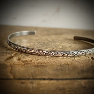 Sterling Silver Cuff Bracelet Unique Jewelry for Women or Men, Nature Inspired Engraved Botanical Cuff