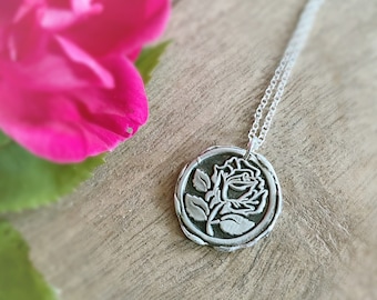 Wax Seal Rose Necklace, Custom Birth Flower Birthday Anniversary Gift, Engraved Personalized Jewelry Wedding Gift