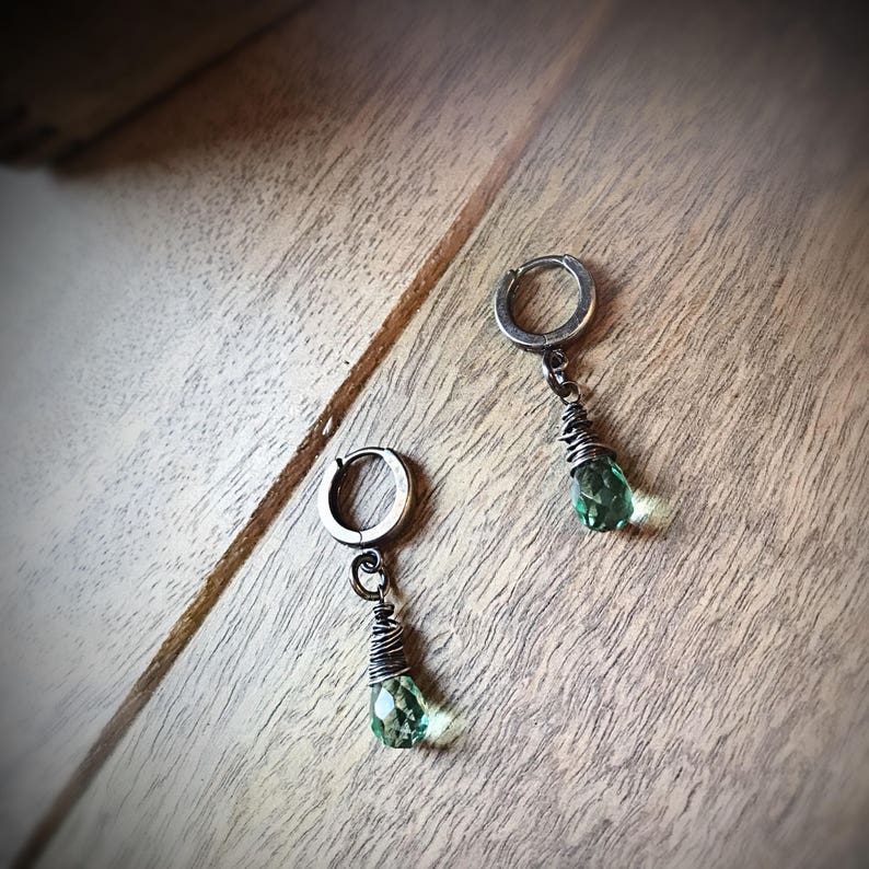 Green Amethyst Dangle Earrings Sterling Silver Wire Wrapped Hoops Bridesmaid Gift Valentines Gift Green Birthstone Jewelry
