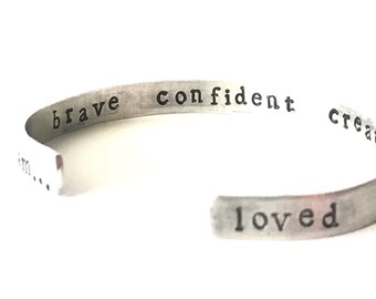 Custom Bracelet with Secret Message,  Hand Stamped Personalized Wording, Hypoallergenic Cuff - Skinny Version