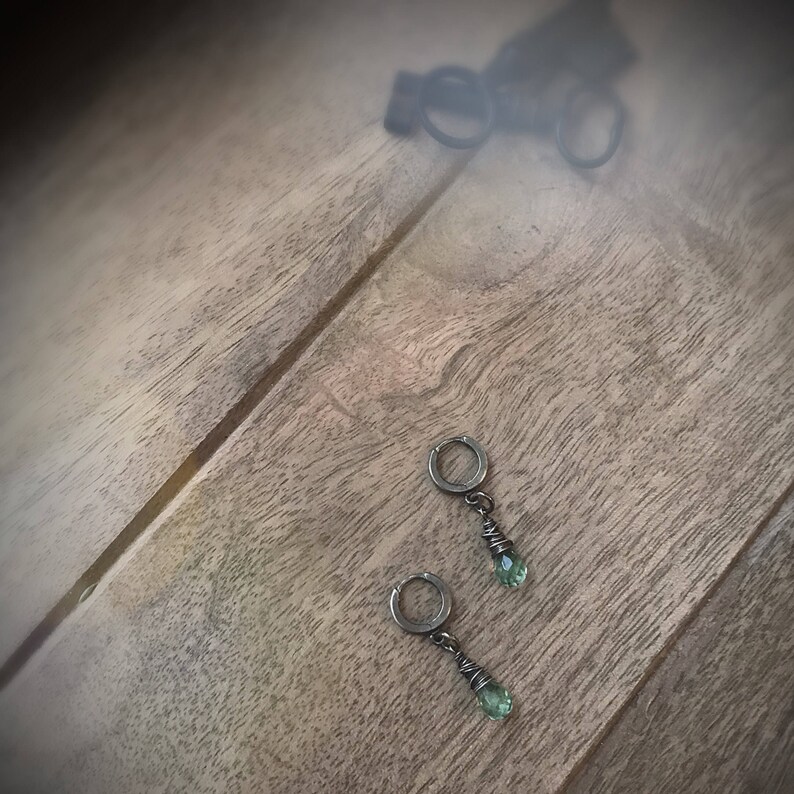 Green Amethyst Dangle Earrings Sterling Silver Wire Wrapped Hoops Bridesmaid Gift Valentines Gift Green Birthstone Jewelry