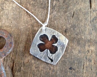 Four Leaf Clover, Silver Shamrock Necklace - St Patricks Day Good Luck Charm, Silhouette Gift for Her on Silver Necklace