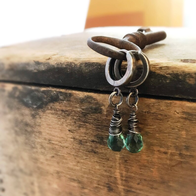 Green Amethyst Dangle Earrings Sterling Silver Wire Wrapped Hoops Bridesmaid Gift Valentines Gift Green Birthstone Jewelry
