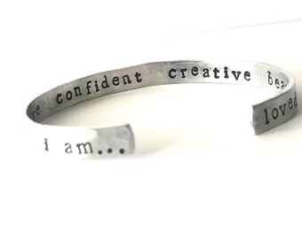 Sterling Silver I Am Loved Secret Message Quote Bracelet - Personalized Affirmation Mantra Bracelet - Custom Engraved with Your Wording