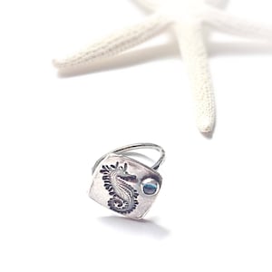 Handmade Silver Seahorse Ring with Genuine Blue Topaz Gemstone