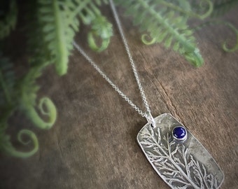Nature Inspired Botanical Jewelry with Blue Lapis, Real Leaf Jewelry, Statement Necklace with Blue Gemstone, Birthday Gift for Her
