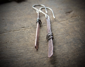 Handmade Copper Bar Earrings, Rustic Sterling Silver Wire Wrapped Jewelry