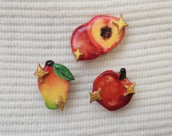 Shiny Fruits Handmade Pins | Polymer Clay Jewelry | Apple Mango Peach